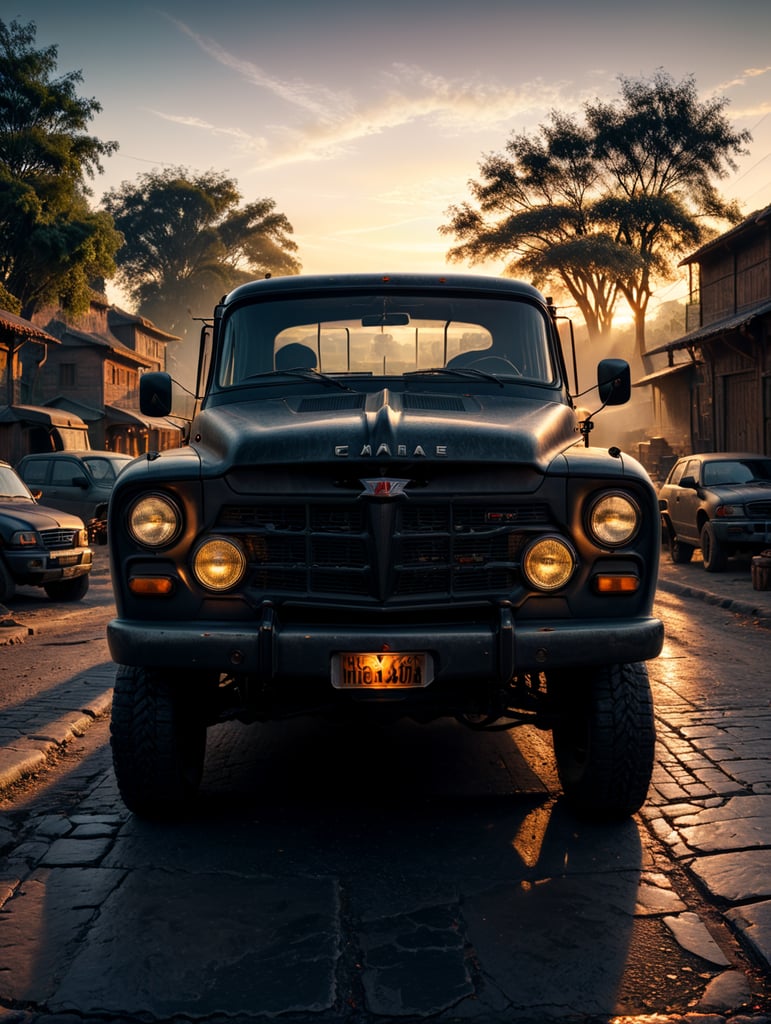beautiful old pickup at sunset volumetric light, detailed, sharp focus, highly detailed,