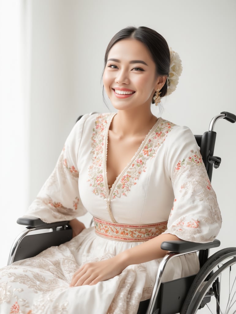 Low angle young happy woman in wheelchair, wearing traditional dress