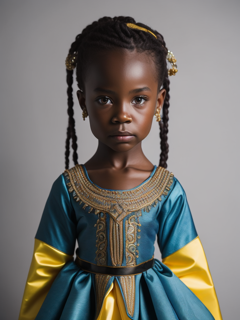 (((cute, sad 5-year-old girl))) from Ghana dressed in a (((typical Ghanaian wedding dress, with yellow and sky blue geometric patterns))), (photoreal: 1.4, lifelike), highly detailed CG unified 8K backgrounds, 1 child, looking at the viewer, ( HQ skin:1.4), 8k uhd, dslr, soft lighting, high quality, film grain, Fujifilm XT3, ((simple, neutral background)).