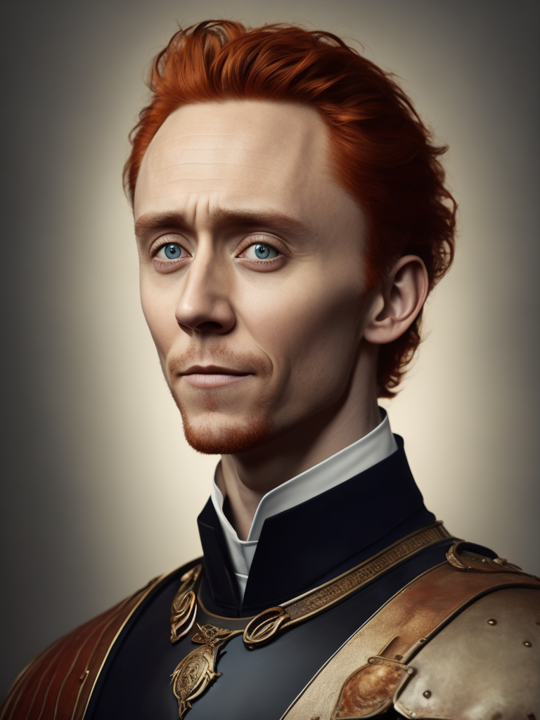 Portrait of Tom hiddleston with red hair in medieval style, detailed face, contrasting light