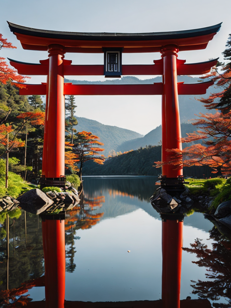 Red torii gate in middle of a lake, Dense forest on the edge of the lake, Bright and saturated colors, Japanese culture, photorealistic, contrast light