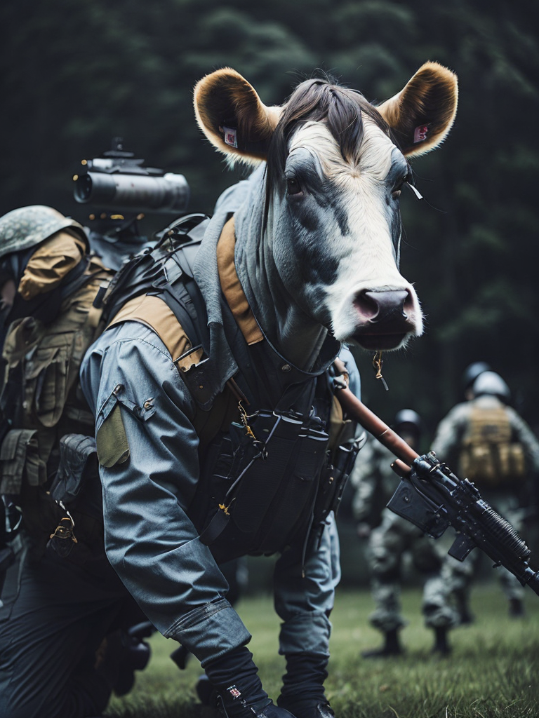 A cow in a us military uniform with an m16 in his hand is fighting