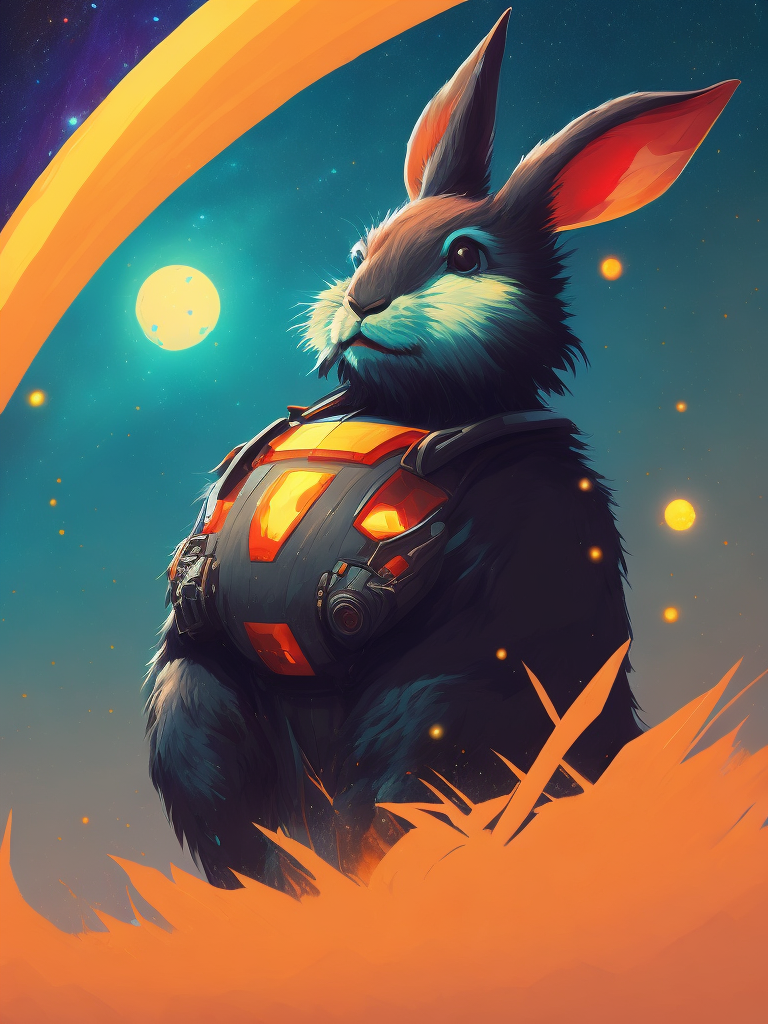 Photo of a rabit monster in the space, style of laurie greasley, studio ghibli, akira toriyama, james gilleard, genshin impact, trending pixiv fanbox, acrylic palette knife, 4k, vibrant colors, devinart, trending on artstation, low details