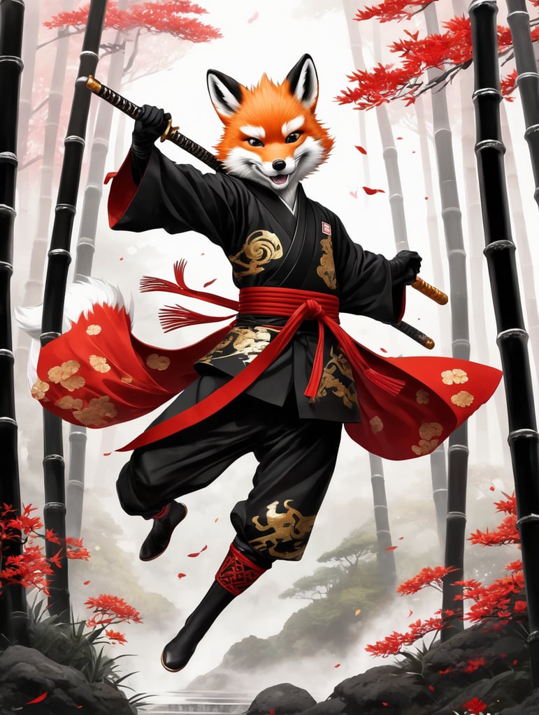 young fox, manga warrior, spiked hair, black kimono with golden dragons, jumping in the air, twirling a samurai sword, dark bamboo forest, manga style drawing, white black and red colors
