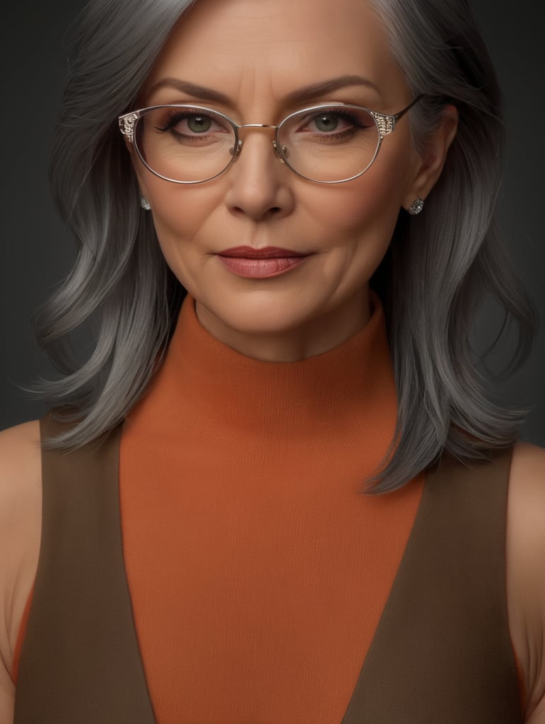 A portrait of a beautiful stylish older woman with white platinum short hair and big glasses, glamorous Hollywood portraits, highly realistic, daz3d, women designers, high resolution, very fashionable, colorful, dress as a young woman, Wes Anderson style