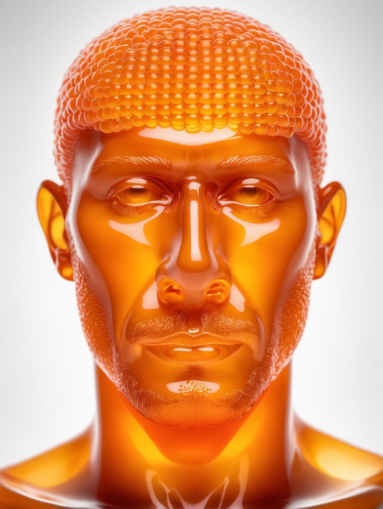 Portrait of a Translucent orange man made from the orange fruit, organs are visible through the jelly, isolated black background