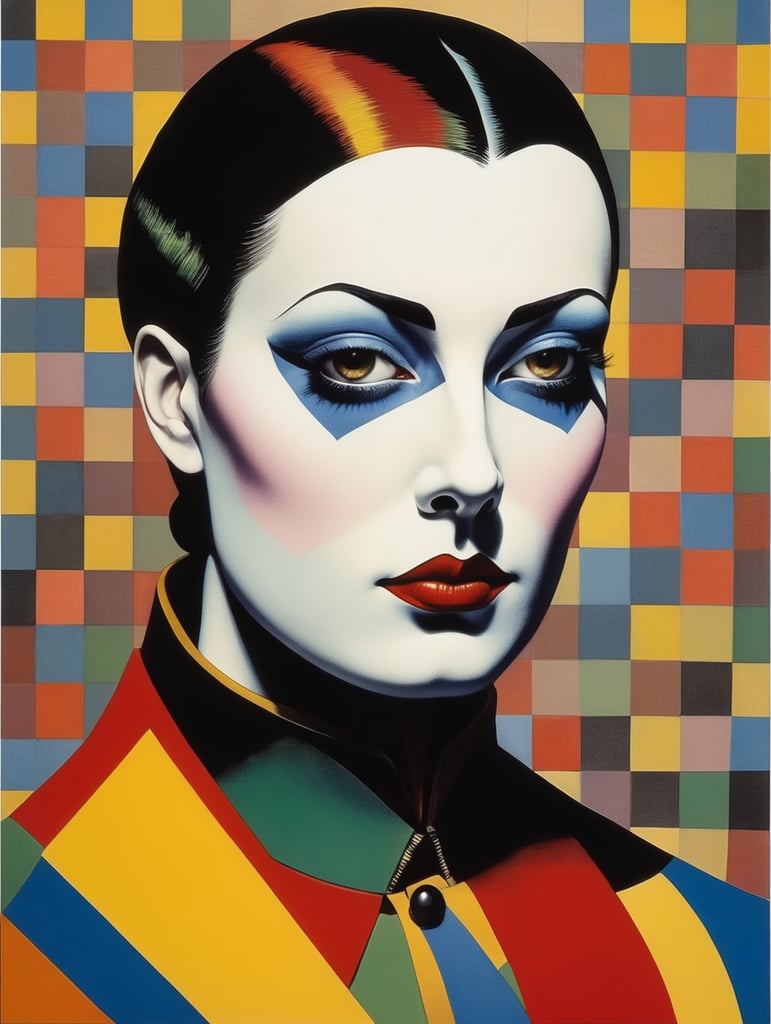 harlequin portrait, painting, illustration, Lithography, Pop-art, style of Richard Lindner