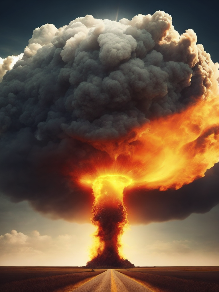 Dramatic Nuclear explosion, empty field, realistic image, lots of details