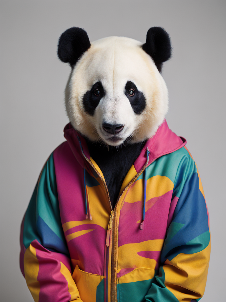 Portrait of a panda dressed in a colorful oversized jacket, Vivid saturated colors, Contrast color, studio photo, professional photo, Rich colors, Detailed image, detailed face