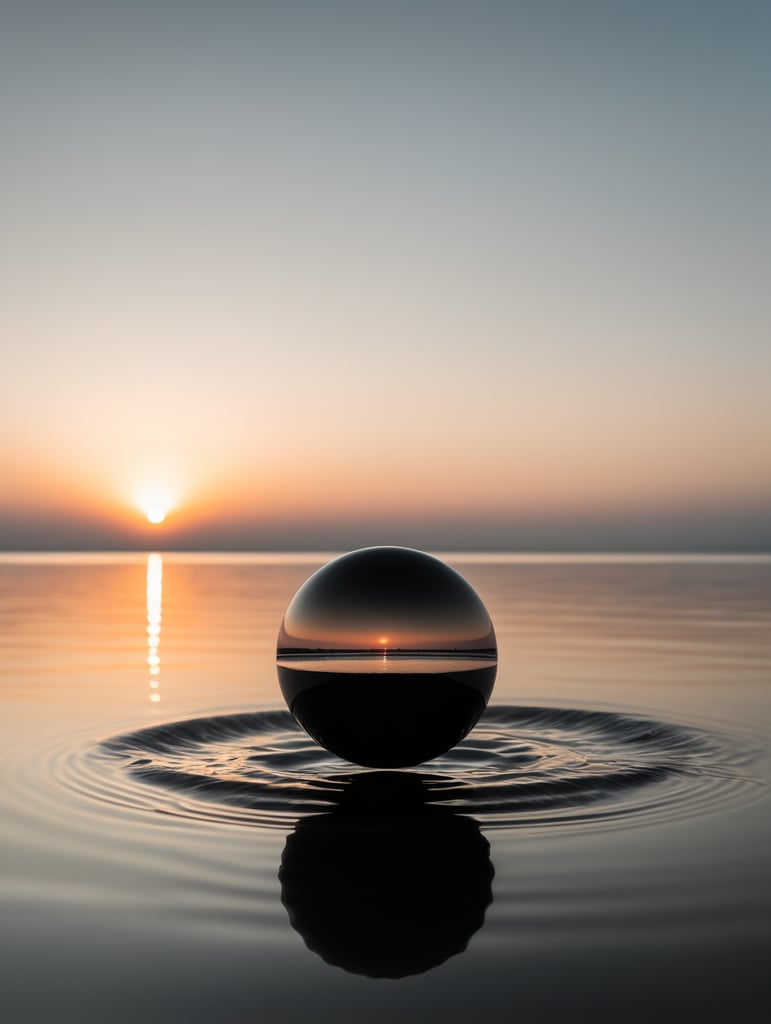 minimal, simple black sphere hover above on water, just the horizon on the background