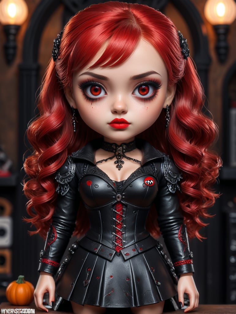 A girl with v cut bangs and red shay hair one eyebrow piercing and little red eye makeup with gothic clothing as a Funko pop figure