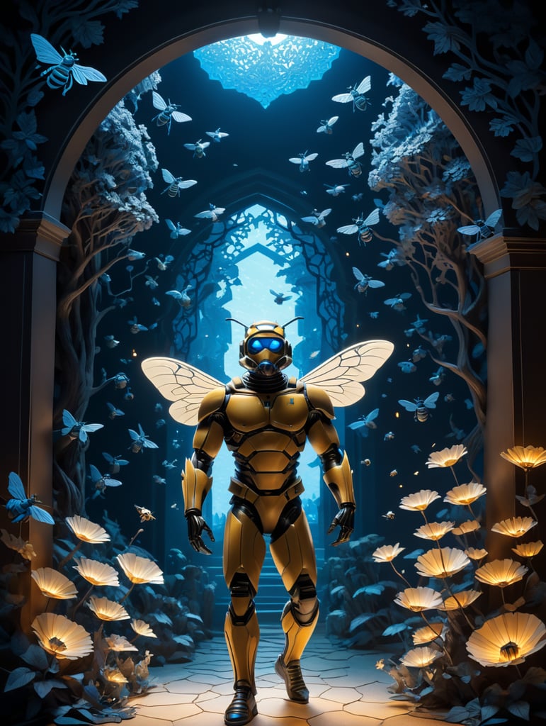 Paper cut scene, paper cut man in the foreground, blue lighting behind I'm, mystical atmosphere, paper cut bees flying around
