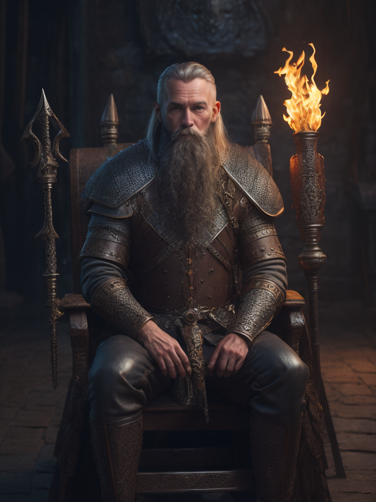 Highest quality, masterpiece, photorealistic, medium shot, RAW photo, of (a weary-looking but still proud and fierce-looking old Viking warrior, now the leader of his village, dressed in elaborately detailed chain mail and leather armour, sitting on a carved wooden throne furrowed with Viking runes and symbols, in the village meeting hall, on his lap rests an elaborately carved and beautifully crafted longsword, a few torches burn on the walls, giving the scene a dark atmosphere but sculpting the forms in sharp chiaroscuro), it is night time, (highly detailed skin), skin texture, (detailed face), detailed background, sharp focus, dark lighting, twilight lighting, volumetric lighting, highly detailed, intricate details, 8k, highly detailed, UHD, HDR