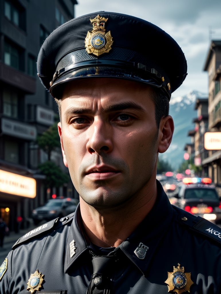 epic portrait of a Police Officer, city crime, British Columbia crime, Canada