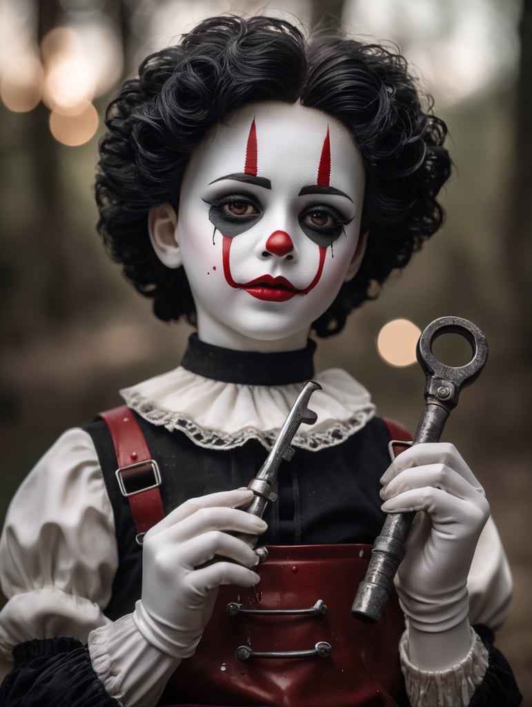 3d gothic porcelain dolls as mimes with tears of blood hyper realistic 8k holding a pipe wrench