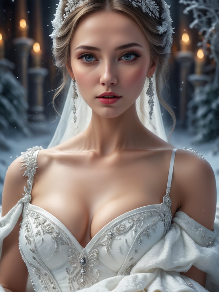 beautiful Russian girl in a photo studio, she is wearing a huge white dress that looks like pillows. Russian winter with frost in the background