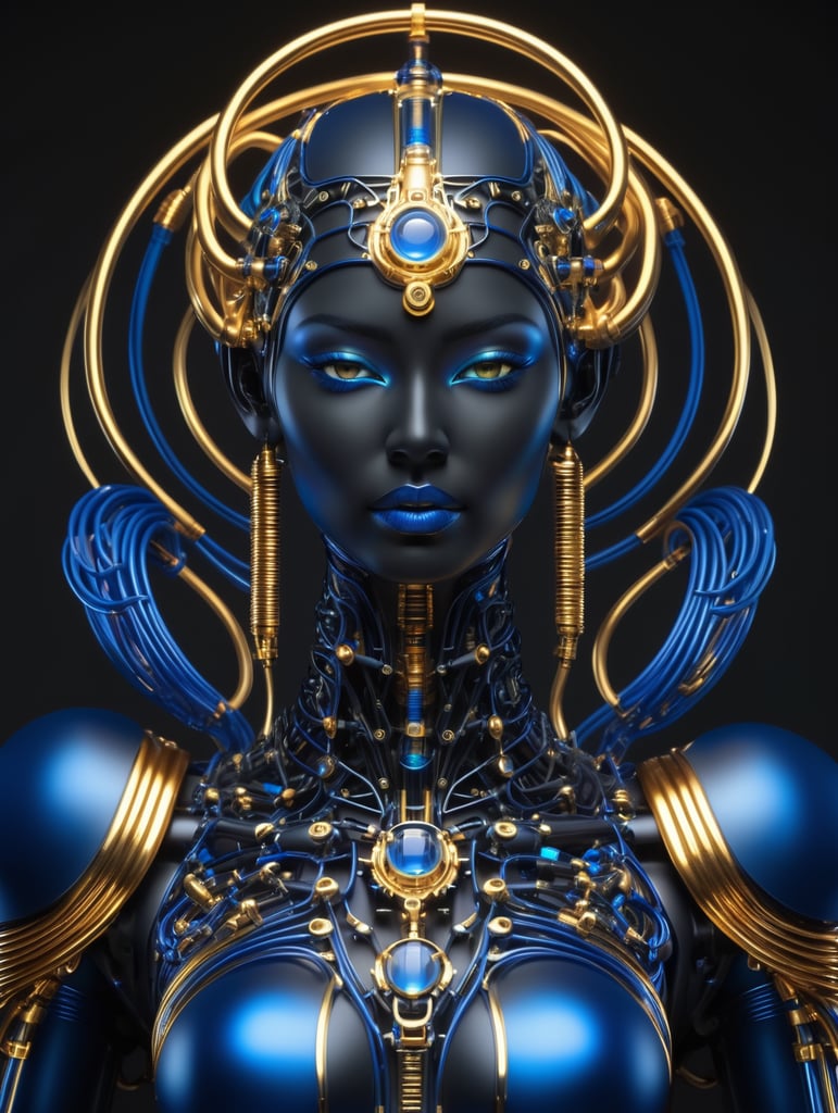 matte black and deep blue divine cyborg goddess, gold on black, octane render, translucent, neon wire and tube components, realistically detailed, soft light, evoking, liquid shapes, vibrant color palette, biotech