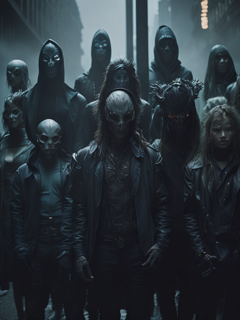 A group of creepy evil abstract non-human horror creatures with no face wearing black suits posing for a group photo, concept art, cyberpunk hq