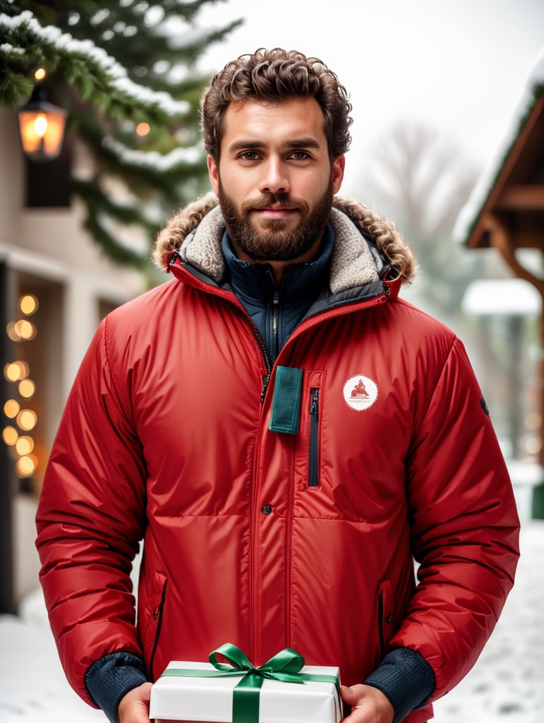 portrait of a bearded curly man wearing red puffer jacket, stands front camera with gift box his hand, snowy weather, Christmas time