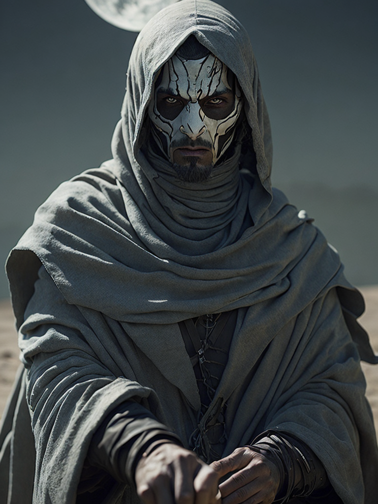 The Moon Knight dissolving into swirling sand, volumetric dust, cinematic lighting, close up portrait