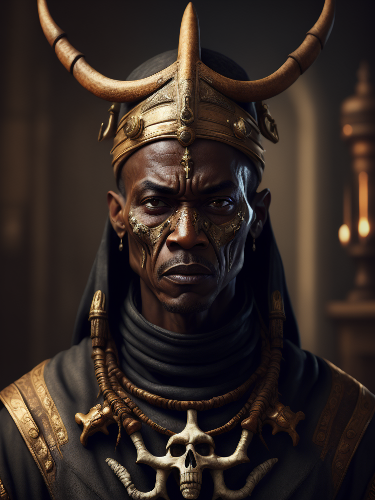 Voodoo priest, photorealistic, skull and bones, mysterious, african american, high definition, photography, cinematic, detailed character portrait, detailed and intricate environment, detailed and intricate environment.