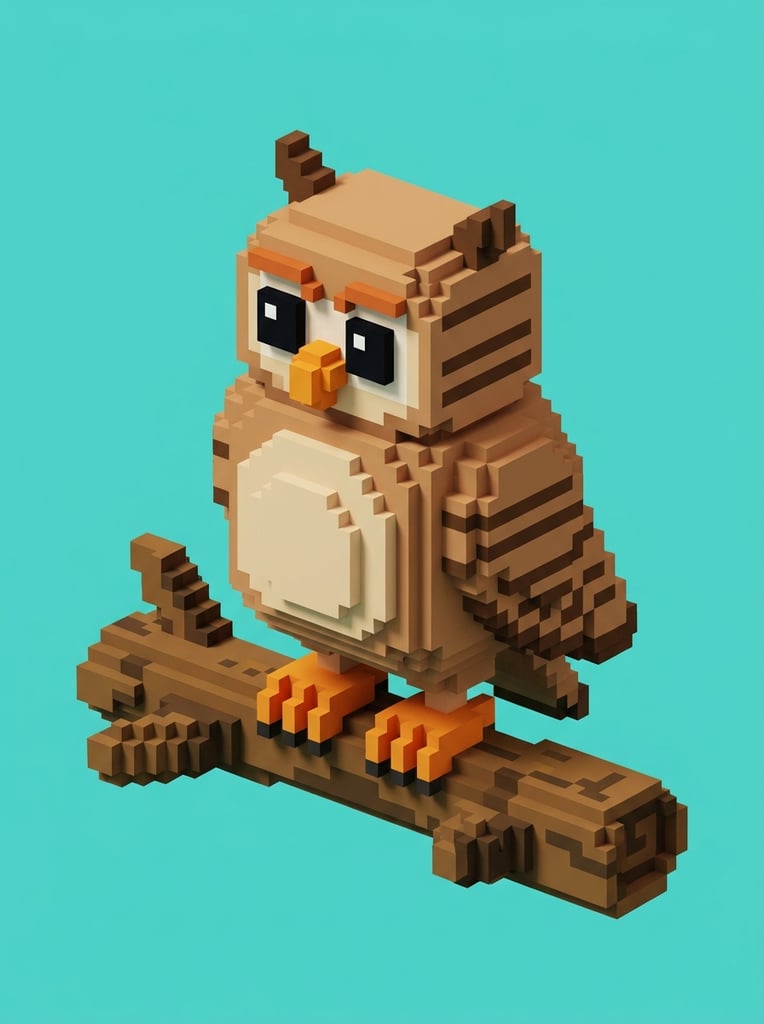 voxel art owl perched on a blocky branch, isometric 3D pixel art, beige chest, light brown plumage with dark brown stripes, large black square eyes, orange cubic beak and claws, solid bright teal background, minimalist composition, clean flat lighting, block-based modeling