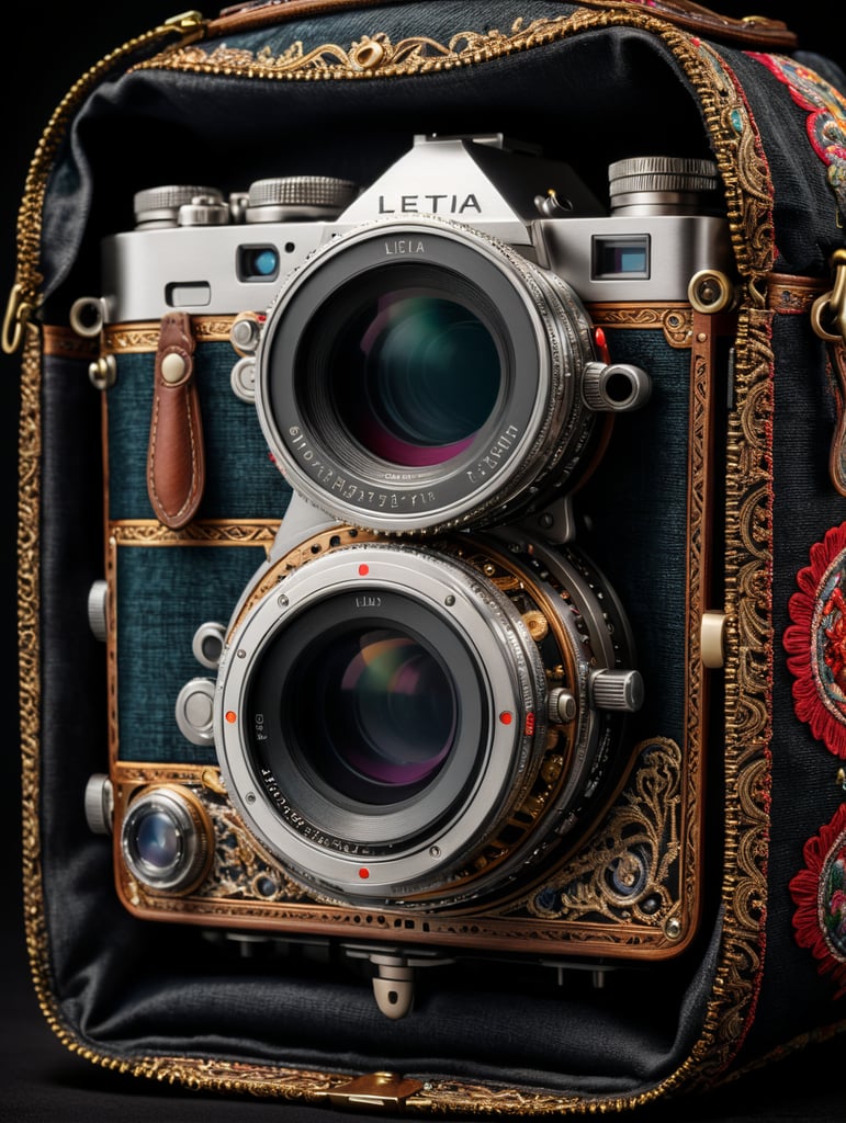 leica camera, decorated with textile, fabric case, isolated, black background