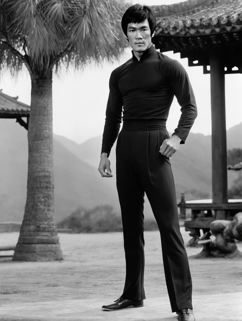Bruce Lee standing looking at camera