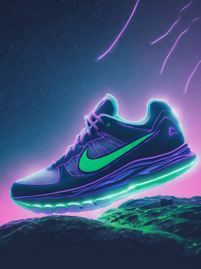 Illustration of a nike sports shoe in neon lights on a rock at night with moon light, bright and saturated colors, highly detailed, sharp focus, fashion magazine style