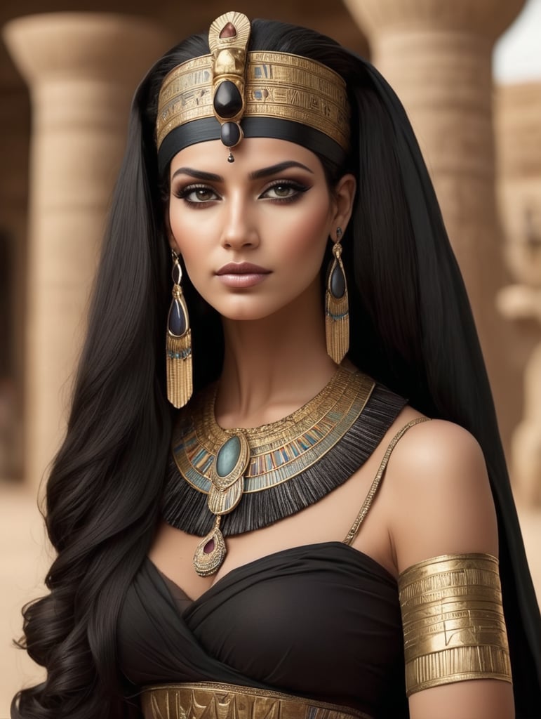 beautiful ancient egyptian queen, dark hair, dark cloth, head accessories