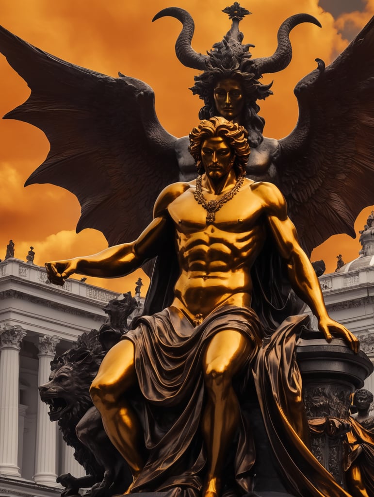 the statue of demon's is on top of it in the background, in the style of experimental filmmaking, dark orange and gold, experimental videos, southern gothic-inspired, baroque nu-vintage, slumped draped, captures the essence of nature