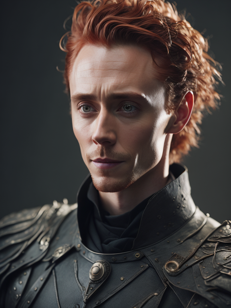 Portrait of Tom hiddleston with red hair in medieval style, detailed face, contrasting light