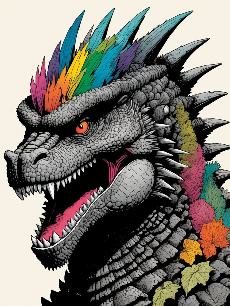Detailed pen and ink illustration of a godzilla, head only, detailed anthropology, minimalist background, by herge, in the style of tin-tin comics, colorful, detailed, high quality