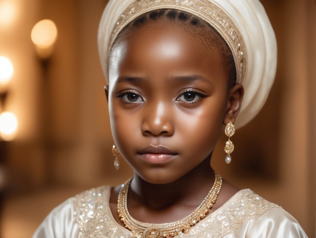 A distant image of a fair beautiful Yoruba girl crying in a plush room of a mansion. She is 10 years old