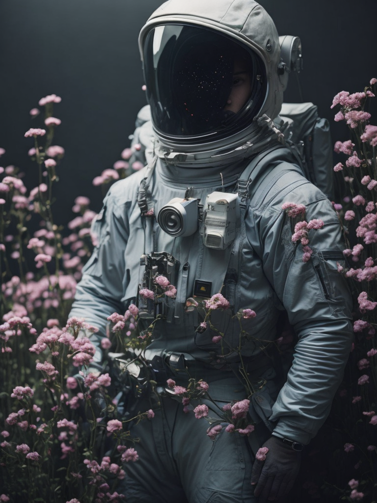 Portra 400 high dpi film scan of a nasa astronaut wearing a space suit made of millions of flowers, editorial for nasa, floral edition