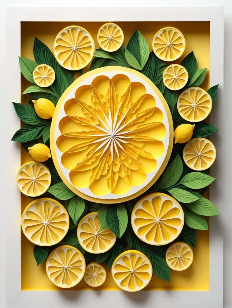Lemon fruit Botanical illustration in papercut graphic style and realistic shadows on a white background.