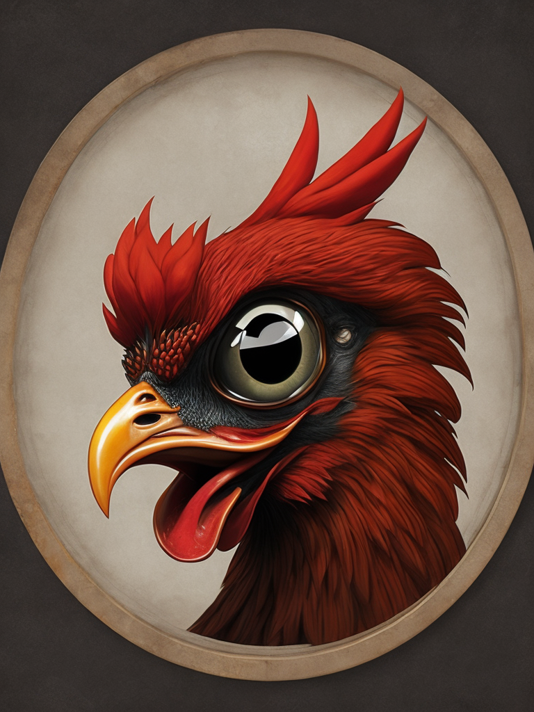 grumpy old rooster head with large eyes, contained in a circle