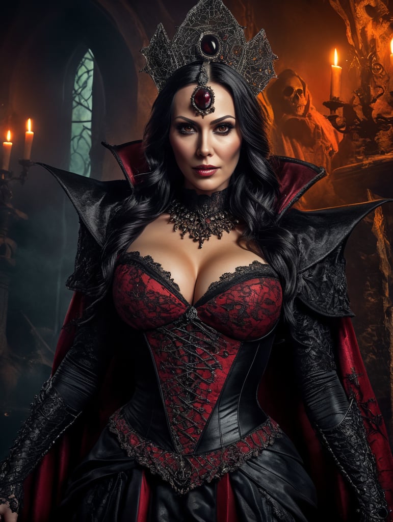 Monica Belluci as an evil character wearing creeoy and spooky Halloween costume, Vivid saturated colors, Contrast color