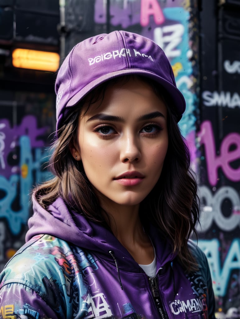 Olivia Culpo in a jacket and hat standing in front of a graffiti wall, in a purple hoodie, graffiti in the background