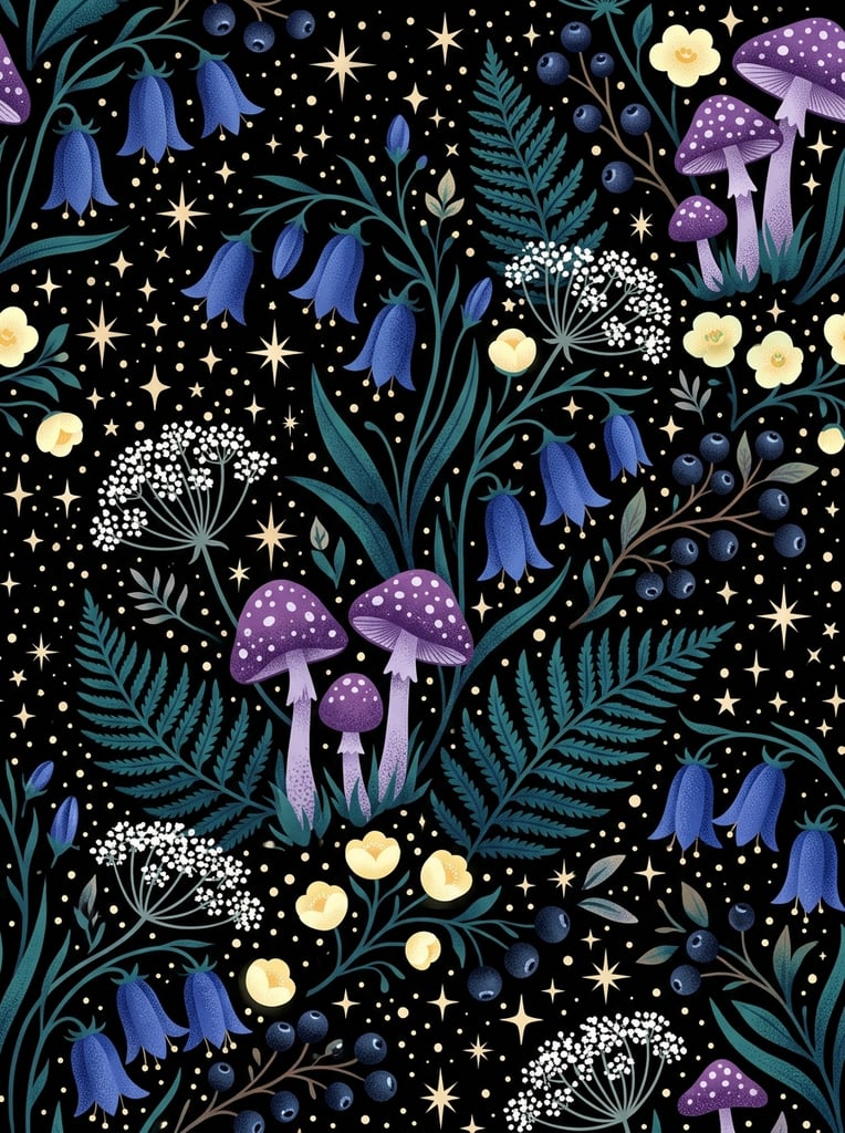 A nocturnal botanical pattern on a black background featuring stylized blue bell flowers, purple spotted mushrooms, and white umbel blossoms. Dark teal ferns, pale yellow blooms, berries, and glowing stars fill the composition, rendered as flat vector shapes with stippled gradient shading.