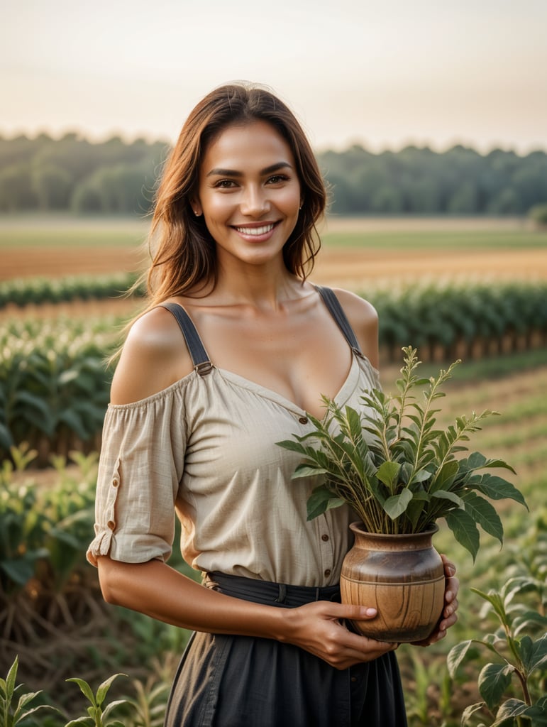 A beautiful woman smiles and stands in a farm field, holding a wooden twig up in her right hand. The woman holds a flow pot in front of her breast in her left hand.