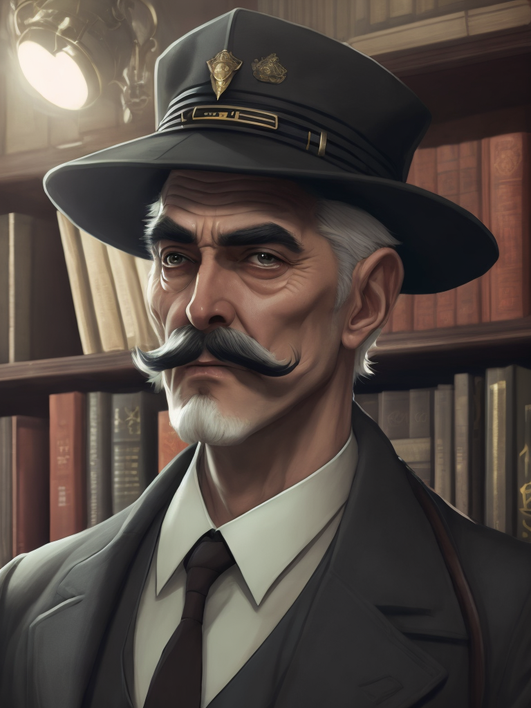 Lovecraftian portrait of a 1920s police detective, gray haired english moustache, bookshelves wide shot, artstation, concept art, illustration, ilya kuvshinov, vintage