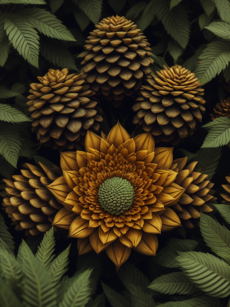 pine cones and pine trees on a bed of green leaves, in the style of video installation, flower patterns, wood sculptor, warmcore, intricate floral arrangements, duckcore, hypnotic symmetry