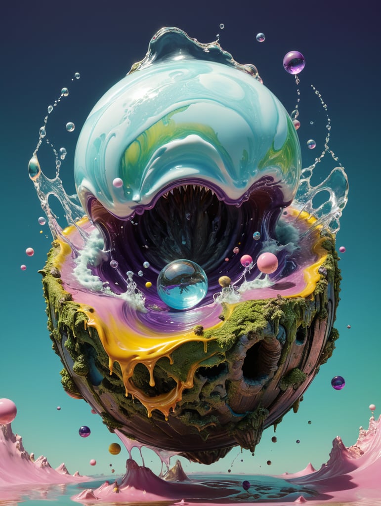 a singular object, floating in mid air, trippy, looks like a ball of liquid porcelain, trap, otherworldly, nature, photorealism, y2k, rave, plain light blue colour background, light green, pinks, purple, yellow