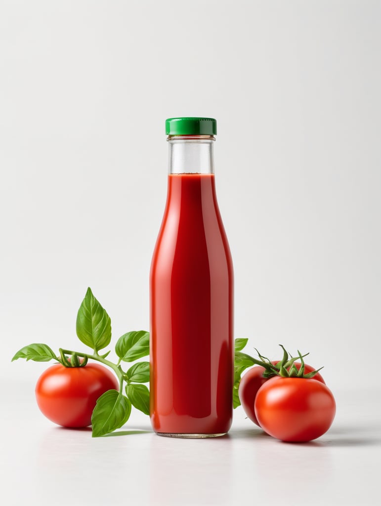 tomato ketchup bottle, red tomato with green leaves, isolated, white background, mockup