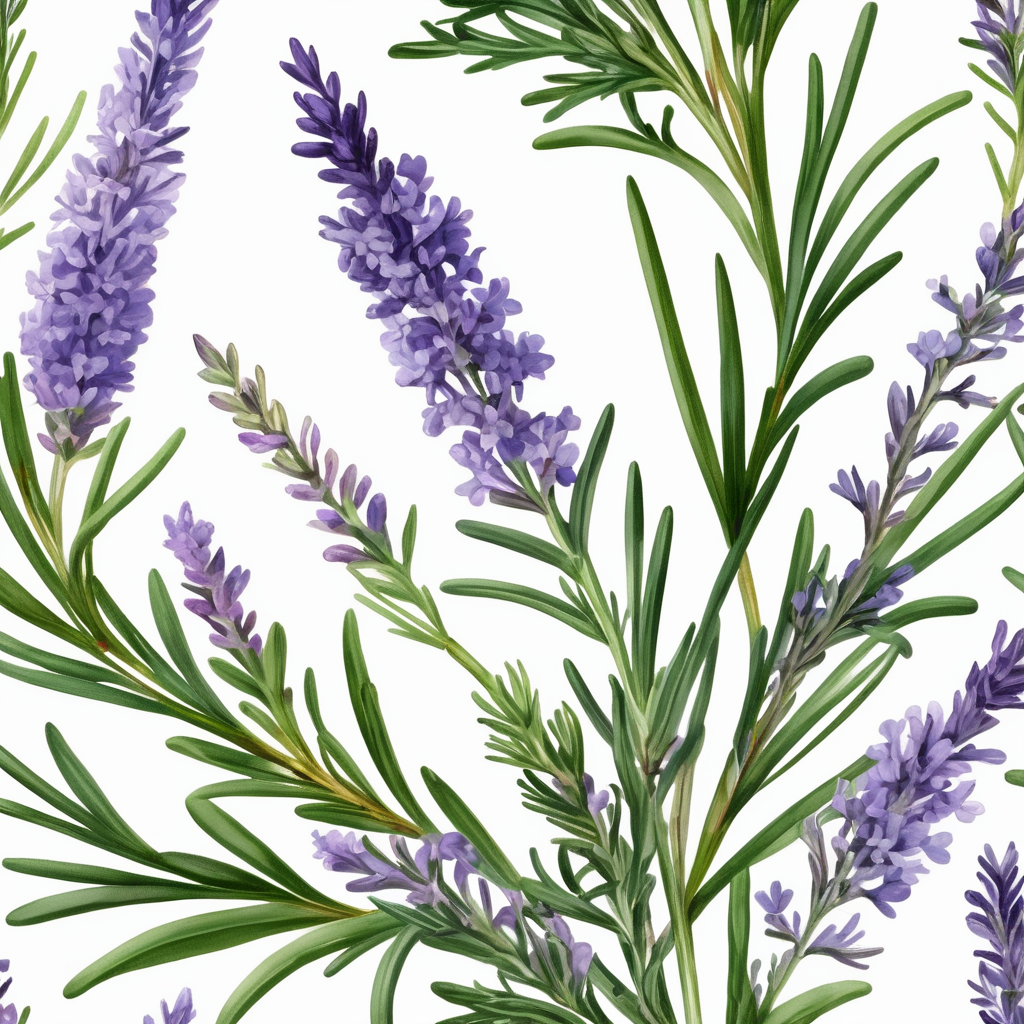 Generate a design featuring the delicate pairing of rosemary and lavender with intertwined floral elements, creating a harmonious and aromatic composition, , on full White background, Elegant, Botanical, Bright, Blooming, Decorative, Colorful, Gorgeous, Attractive, Delightful, professional artistic, masterpiece