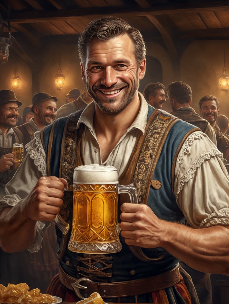 Bavarian man holding a mug of a beer, happy, traditional german costume, Oktoberfest, poster