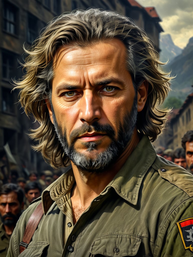 Portrait, Germany, men, Proletarian revolutionary, 40 years old, khaki shirt, beautiful face, beautiful hair, erudite, eyes full of determination, hope, charity, ideals.