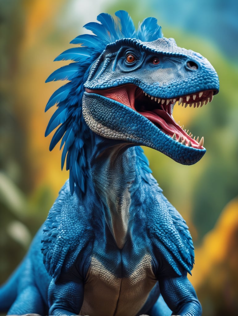 Blue feathered Tyrannosaurus rex, Vibrant colors, Depth of field, Incredibly high detail, Blurred background