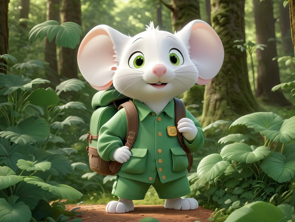white mouse with backpack in a green clothes scratching the head in green forest thick leaves lush trees nature scenery picturesque landscapes enchanting foliage serene woodland botanical beauty